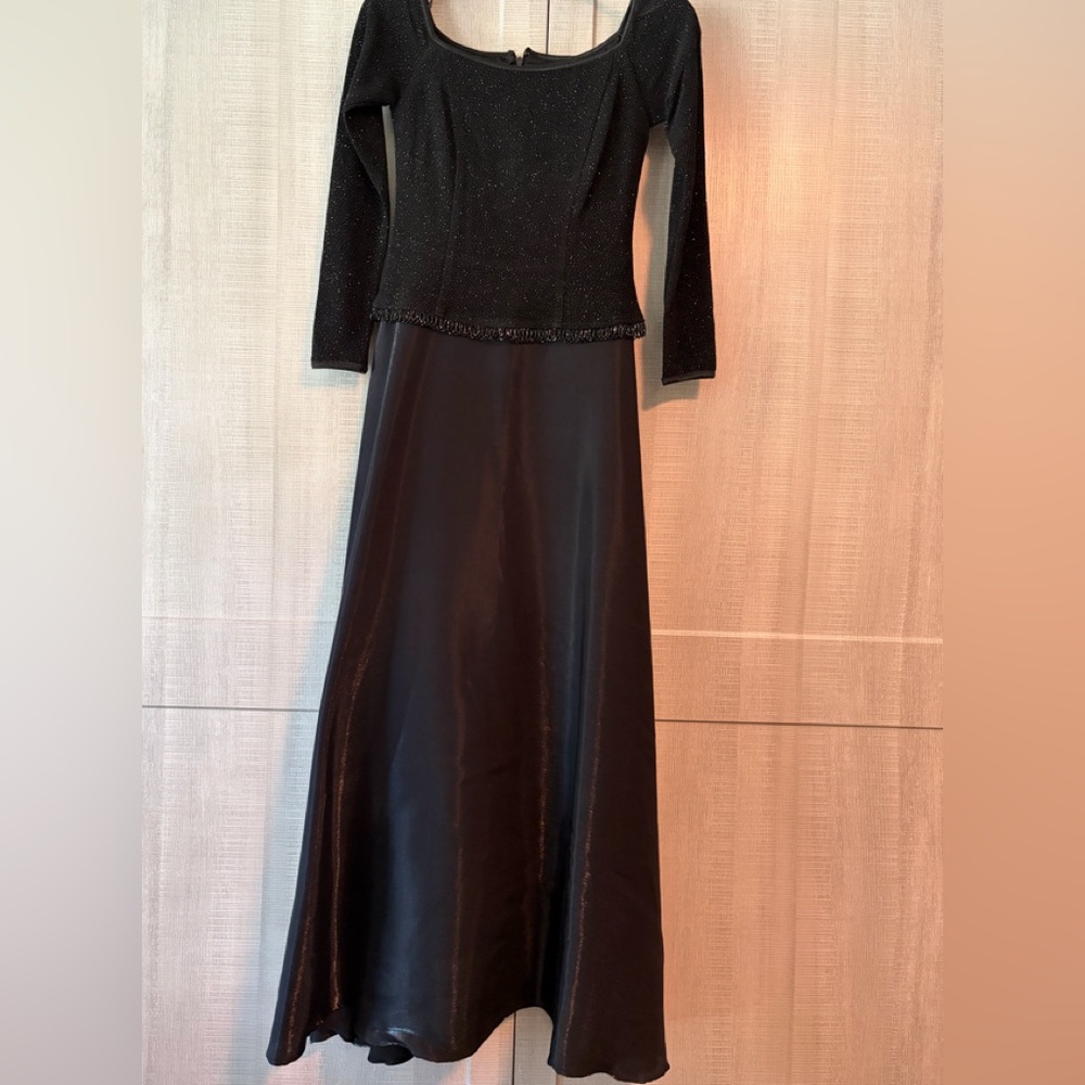 Betsy & Adam Black Long Sleeve Evening Gown Subtle Sparkle